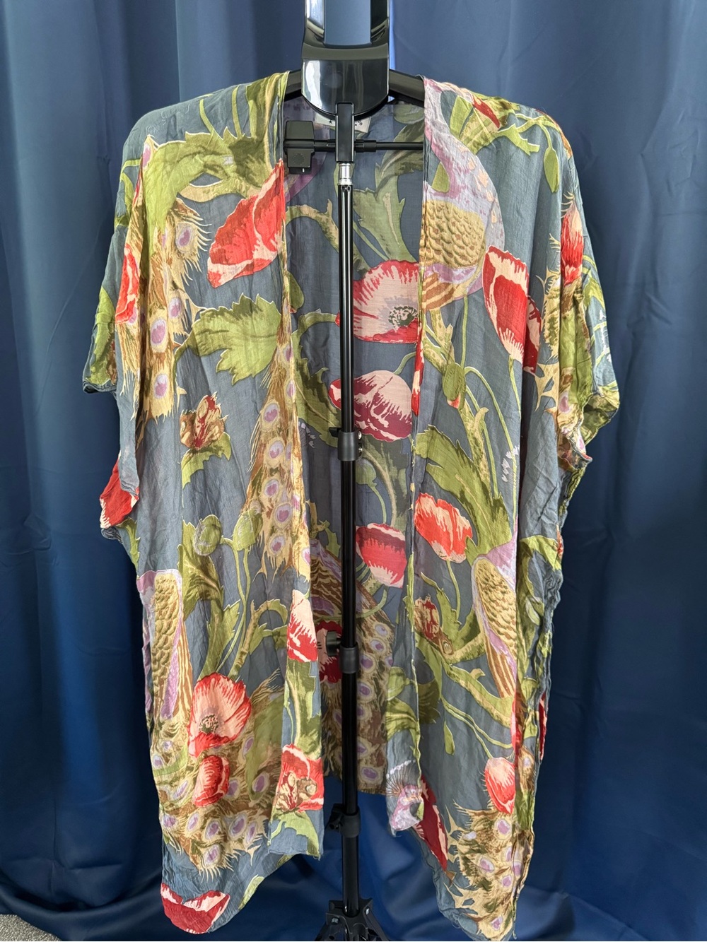 One Hundred Stars Peacock Floral Open-Front Kimono Blue Red Green One Size Boho